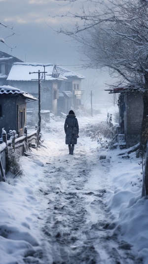 农村大街上，白雪皑皑，一个孤零零的女子走在大雪中