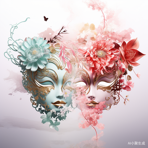 中国风面具-水墨元素-青绿与浅红色-雪花金箔点缀-柔美空灵大气