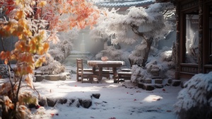 In late autumn, in front of the indoor bed, there is a layer of white frost on the ground