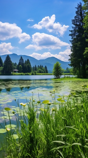 当阳光洒在青青的草地上，微风轻拂着湖面，泛起一层细腻的涟漪。远处山峦起伏，云雾缭绕，仿佛置身于仙境之中。蓝天白云搭配着碧绿的树林，构成了一幅美不胜收的画面。红色的花朵点缀在绿色的枝叶上，如同一颗颗明亮的星星，给整个景色增添了浓厚的生机和色彩。微小的昆虫在花草间飞舞，伴随着悦耳的鸟鸣声，让人心旷神怡。这一片宁静而美丽的风景，仿佛是大自然对我们最美好的呈现，让人忘却尘世的喧嚣，沉浸在宁静与美好之中。