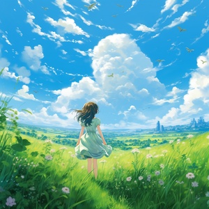 Blue sky and green space，Miyazaki style, A little girl in a dress,breeze