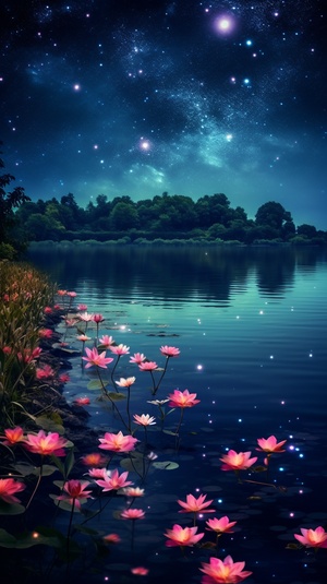 The starry sky is full of roses, and there is a calm river on the ground, shimmering, beautiful, dreamy, 4K, ultra-clear picture quality, ultra-fine