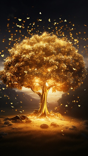 The majestic and most beautiful gold tree is covered with gold coins. The leaves are gold. There are many beautiful golden wild flowers under the tree. It is brilliant, dreamy, light effect, flame, myth background, 4k, 8k, illusion engine, octane rendering, high-definition， 4K.HD