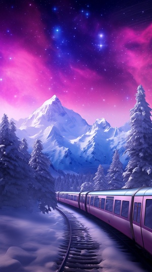 Pink Aurora in White Snow with Small Trains, Crowds, and Snow Mountain: Unreal Engine 4k HD