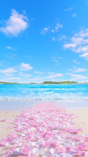 Light blue sea, blue sky and white beach, scattered pink roses. Spread beach, a champagne colored broken diamond fine twinkling rose path leading to Crescent Bay, panoramic view, ultra wide view, and beach in light blue and pink sky. Dream engine, epic rendering, Ultra HD, ultra wide angle, art station,4K.HD