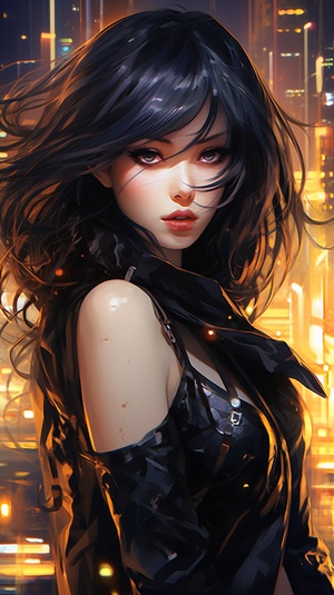 by Artgerm and WLOP and Ilya Kuvshinov and Yoji Shinkawa and Loish and Rossdraws A cyberpunk night city cityscape with tall buildings and volumetric lighting in the background. Amazing medium shot anime portrait of Lucyna Kushinada from Cyberpunk Edgerunners, impressive detailed doe eyes, intricate detailed hair, iridescent eyes and makeup, beautiful detailed face, smug expression, intricate hyperdetailed outfit, doe eyes, dynamic pose, posture by j scott campbell, bright fairytale color palette, hyper real