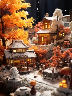 In the indoor snowstorm, the fruitful autumn scene is particularly beautiful, Side view, Glowing radioactivity, miniatures, cartoon style, 32K, hyper qualityar 1:1 v 5.2