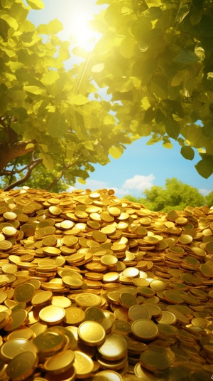 Golden Fruits and Coins: A Vibrant Landscape Under a Sunny Sky