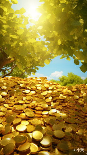 Golden Fruits and Coins: A Vibrant Landscape Under a Sunny Sky