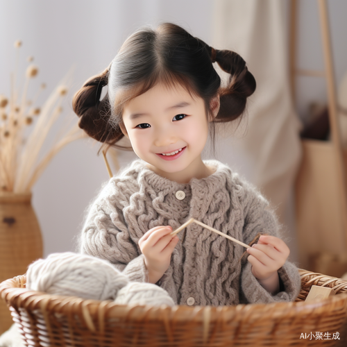 中国小女孩编织毛线，面带微笑