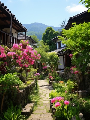 阳光下的小院，美丽花圃与写意水墨画景