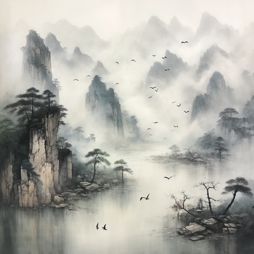 你是国画大师，帮我画一幅山水画。画的内容，烟雨朦胧，细雨如丝形成线条图效果，雨丝清晰可见，画面有种朦胧的神秘美感