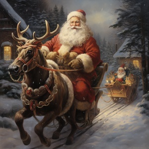 Christmas-themed, Santa Claus, gifts, reindeer, sack, sleigh.