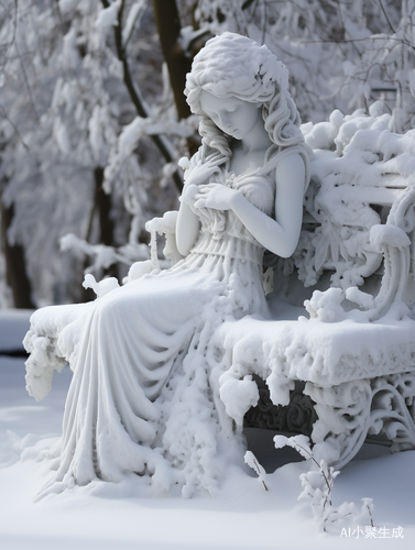 雪人公园：身穿婚纱长裙的雪人坐公园长椅