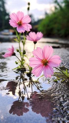 水洼上的粉色花朵风景