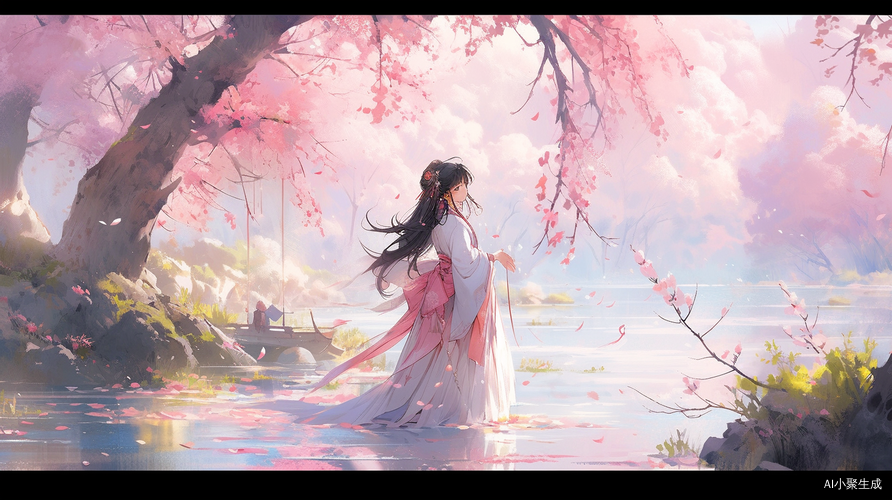 粉色汉服女孩在花海中散步