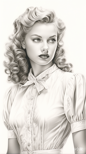 1950's Elegant Teenage Woman: Detailed Pencil Illustration