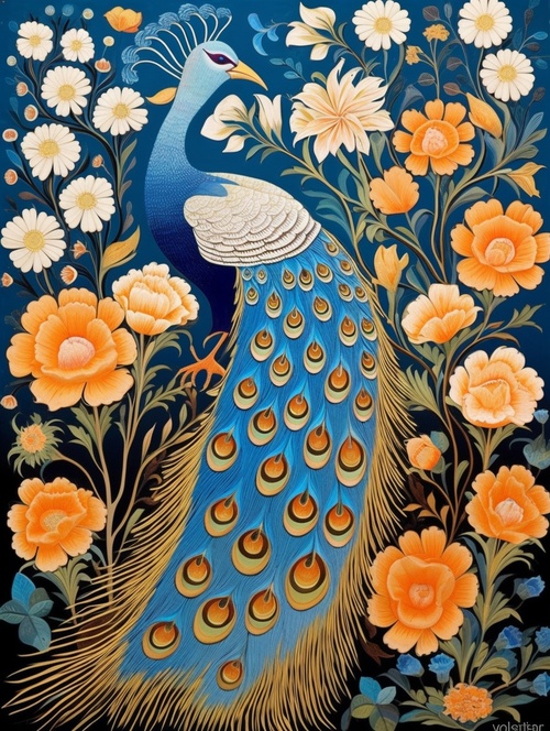 chinese art, peacock, golden peacock, bird, flower, gold, peacock, in the style of light orange and light gold, [tarsila do amaral], hyper-realistic animal illustrations, [konstantin somov], monochromatic compositions, indonesian art, neo-mosaic,