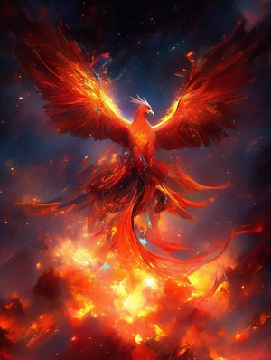 imagine,prompt:,A,fiery,phoenix,with,red,wings,flying,through,space,,in,a,naturalistic,animal,painting,style.画面描述：一只火红的凤凰在太空中翱翔，它的翅膀燃烧着炽热的火焰，照亮了周围黑暗的宇宙。凤凰的身体优雅而神秘，它的眼睛闪烁着智慧的光芒。背景是无尽的星空，点缀着闪烁的星星和暗淡的银河。整个画面以自然主义动物画风格呈现，强调细节和质感，使凤凰看起来栩栩如生，仿佛真实存在于宇宙之中。