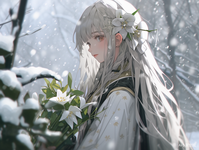 长发花雪中女孩艺术壁纸：南北朝风格的深白浅翡翠与情感面孔