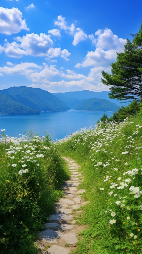 当蓝天高悬，阳光洒满大地，一片碧绿的草地延伸至远处的山峦之间，仿佛是一幅壮丽的画卷展开在眼前。微风轻拂着湖面，波光粼粼，湖水清澈见底。蜿蜒的小径穿过花海，鲜艳的花朵点缀其间，散发出迷人的芬芳。远处的瀑布雪白如玉，水流激荡着热情与活力，宛如天然的音乐。远山青青，云雾缭绕，给人一种神秘而宁静的感觉。这幅壁纸，让人仿佛置身于大自然的怀抱中，心灵被清新与宁静填满。