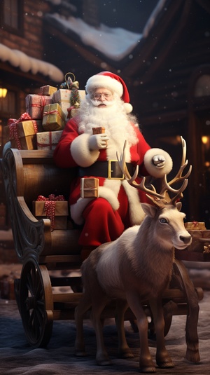 Christmas-themed, Santa Claus, gifts, reindeer, sack, sleigh.