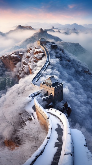 冬季大雪纷飞，蜿蜒的长城银装素裹，高清晰度的画质，航拍美景