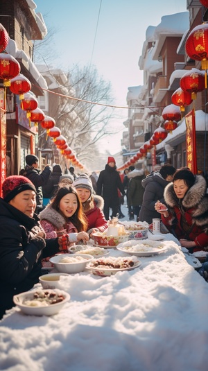 中国传统文化节日冬至，红色背景，白雪，和熏的阳光，热闹的大街，左侧人行道上，都是面带笑容的人们。屋内家人团聚，围坐在一起，吃水饺，暖色调。摄影广角，摄影纪实风格，画质清晰。