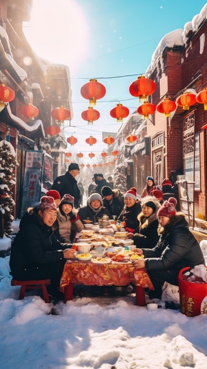 中国传统文化节日冬至，红色背景，白雪，和熏的阳光，热闹的大街，左侧人行道上，都是面带笑容的人们。屋内家人团聚，围坐在一起，吃水饺，暖色调。摄影广角，摄影纪实风格，画质清晰。