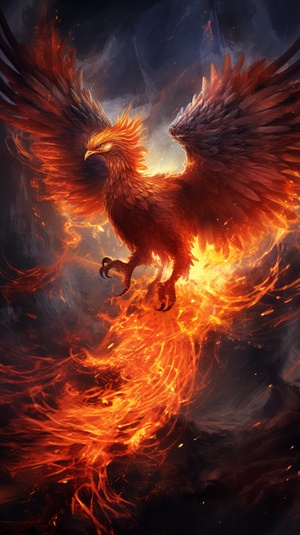 Majestic Phoenix, mythical creature, concept art, fiery aura, majestic, highly detailed, smoke, cinematic lighting, radiant, fantasy, swirling fire, glowing