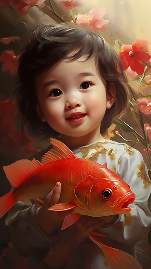 Traditional Chinese New Year paintings, with fish every year, a cute baby holding a big carp, Joyful, red ar 9:16