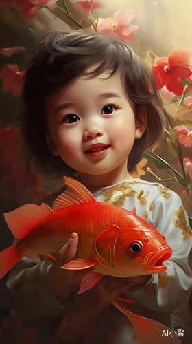 Traditional Chinese New Year Paintings with a Cute Baby holding a Big Carp