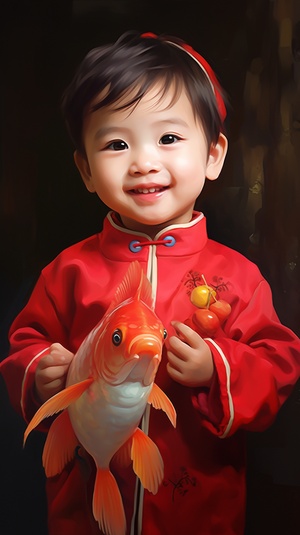 Traditional Chinese New Year Paintings with a Cute Baby holding a Big Carp