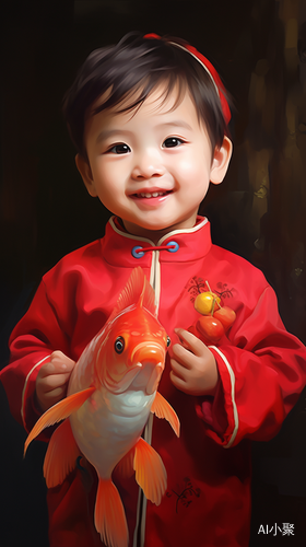 Traditional Chinese New Year Paintings with a Cute Baby holding a Big Carp