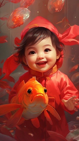 Traditional Chinese New Year paintings, with fish every year, a cute baby holding a big carp, Joyful, red ar 9:16