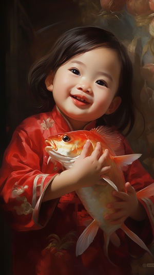 Traditional Chinese New Year Paintings with a Cute Baby holding a Big Carp