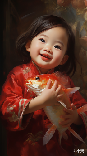 Traditional Chinese New Year Paintings with a Cute Baby holding a Big Carp