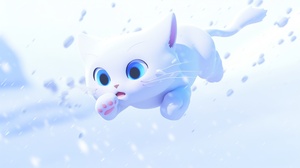 3D CG皮克斯风格，可爱的雪猫从高处雪坡飞跃