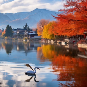 清晨秋景，红叶舞飞，群山翠峦，村落静谧，慵懒云彩