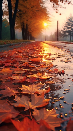 Cold Dew, Alley, Scenery After Rain, Autumn Breeze and Fallen Leaves, Sunset, Super Realistic, Fixed Shot, Dynamic Angle 秋风落叶，秋色迷人 美丽枫树，枫叶飘落 美丽的晚霞，行人匆匆 雨后的路面 ，枫叶满地， 令人难以置信的细节，完美的细节 超精美画面，超真实画面 高级摄影技术，高级摄像头