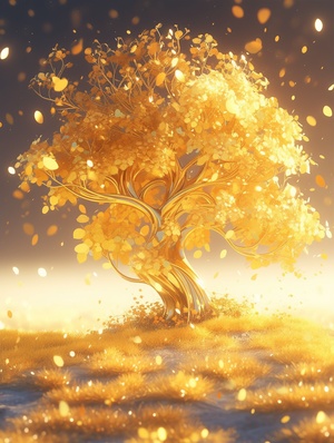 The majestic and most beautiful gold tree is covered with gold coins. The leaves are gold. There are many beautiful golden wild flowers under the tree. It is brilliant, dreamy, light effect, flame, myth background, 4k, 8k, illusion engine, octane rendering, high-definition， 4K.HD