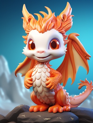 a cute Chinese dragon:2, 4 feet,fly in the sky,super detail,realistic hair,C4D rendering、 IP design,white, orange,resin,3d,blender,fine material rendering,2.5d,bright colors,simple background,detailed rendering,8k,rich detail,front view 3:4