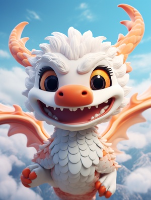 a cute Chinese dragon:2, 4 feet,fly in the sky,super detail,realistic hair,C4D rendering、 IP design,white, orange,resin,3d,blender,fine material rendering,2.5d,bright colors,simple background,detailed rendering,8k,rich detail,front view 3:4