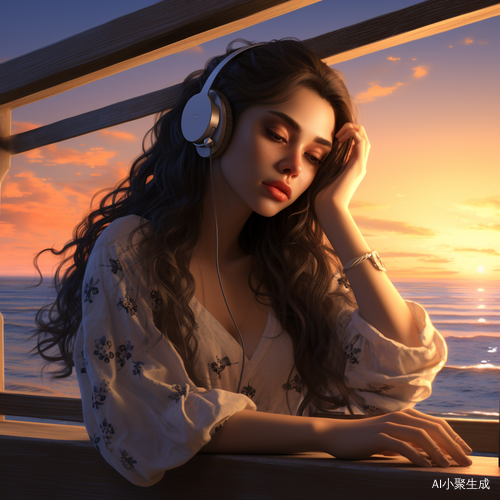 夕阳下甜美女孩，在海边房子里享受晚霞的美