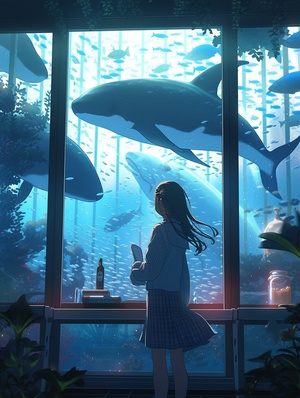 一个女孩，水族馆，鲸鱼，空灵