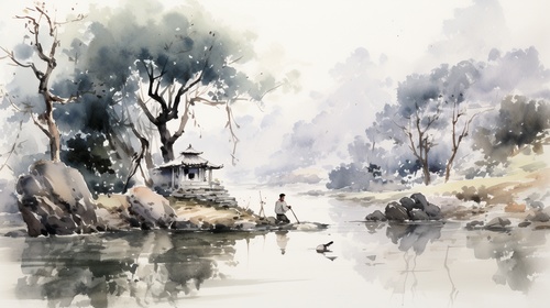 提示词:An ink wash painting by an unknown artist depicting a serene scene. A white-haired old man stands by a small river, his back turned to the viewer. Nearby, a young girl is washing clothes by the riverbank. The brushstrokes are fluid and expressive, capturing the tranquility of the moment.