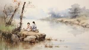 A Chinese woman squatting by the river washing clothes, in the distance an elderly Chinese man, wood ink painting ancient style with his back to the screen