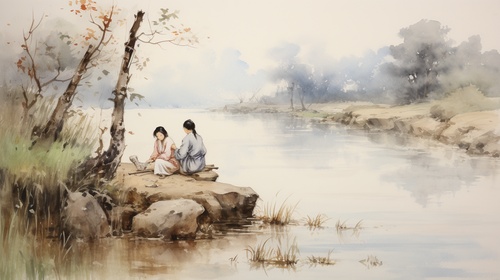 A Chinese woman squatting by the river washing clothes, in the distance an elderly Chinese man, wood ink painting ancient style with his back to the screen