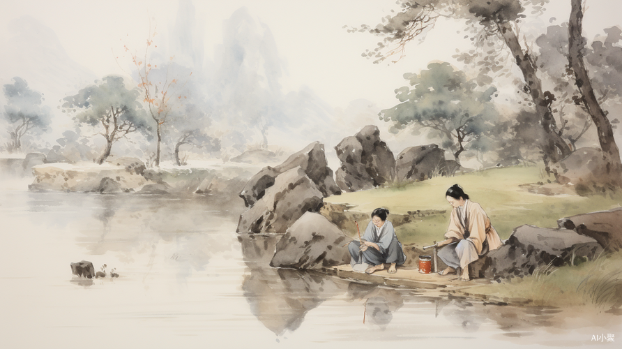 Chinese woman washing clothes by the river