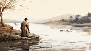 A Chinese young woman squatting by the river washing clothes, in the distance an elderly Chinese man, wood ink painting ancient style with his back to the screen